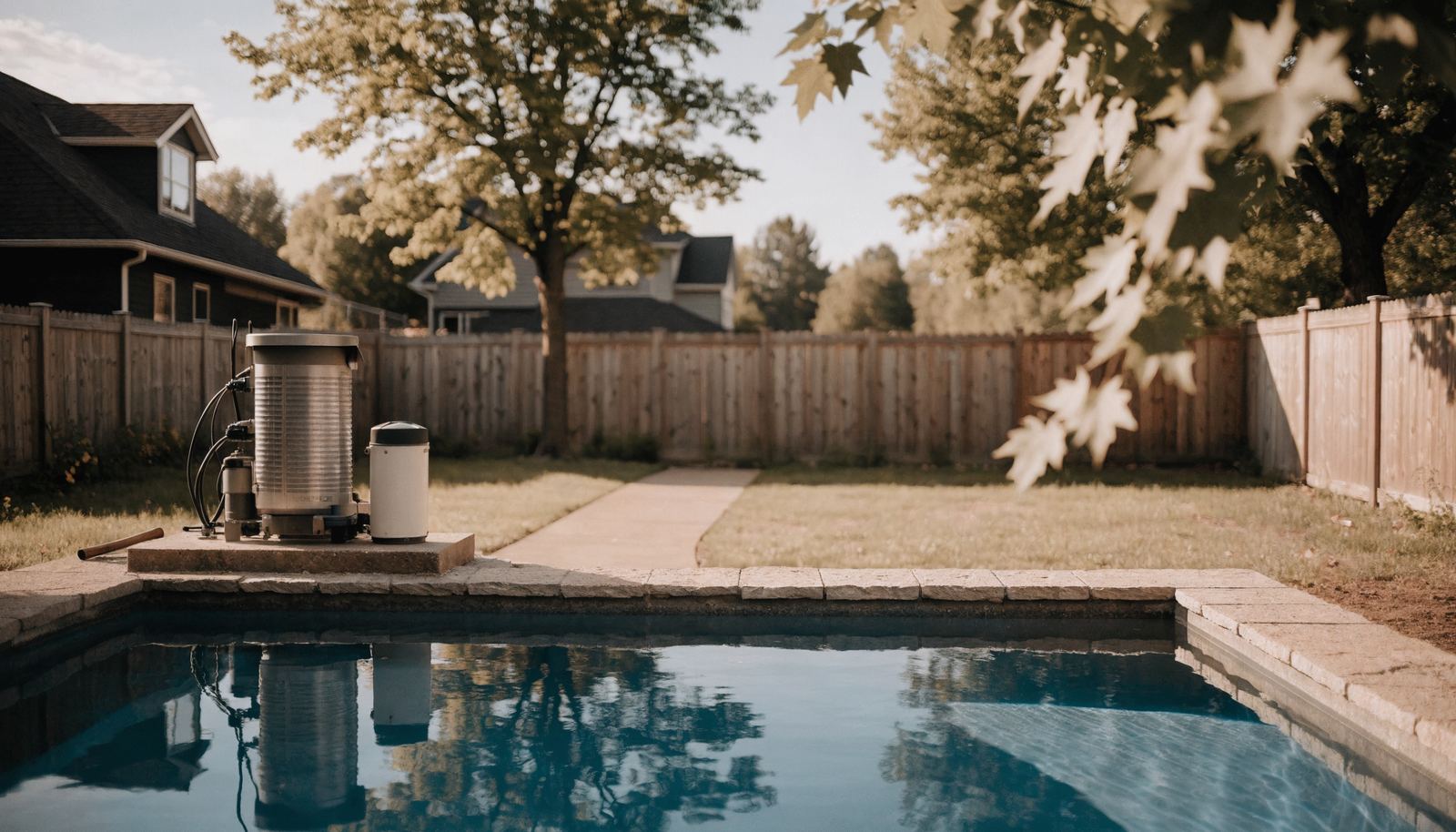 A residential backyard swimming pool in Ontario with a gas pool heater and pump on the equipment pad