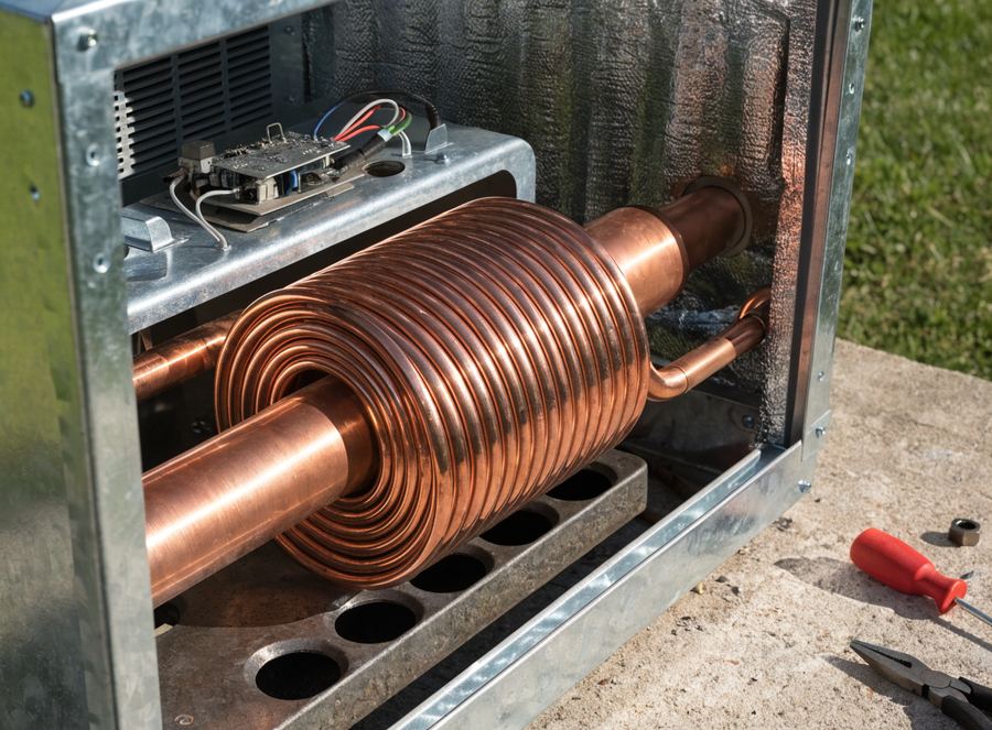 An opened pool heater cabinet showing the heat exchanger and burner tray. Illustrative photograph.